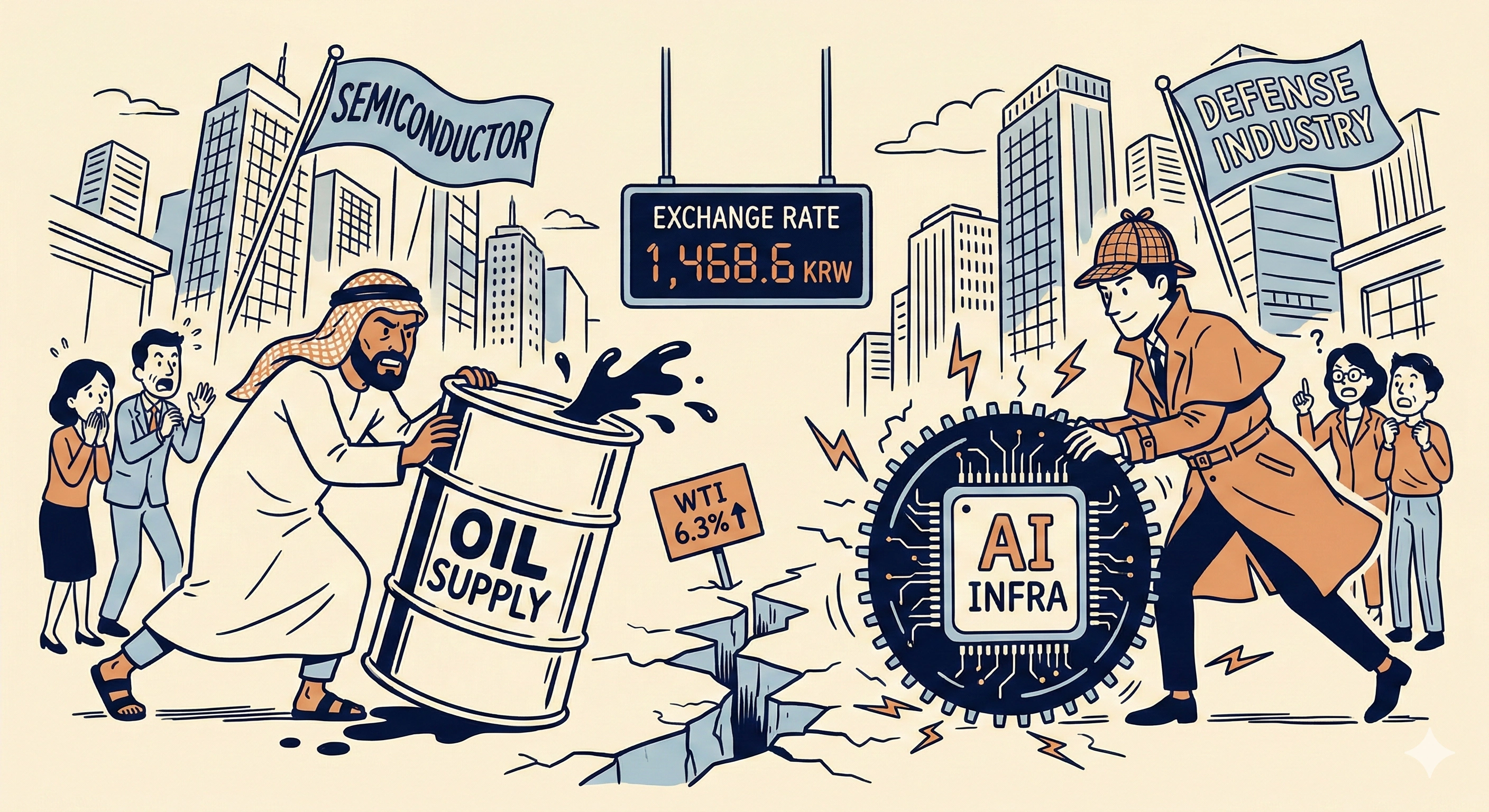 [R&E] 중동발 에너지 쇼크와 AI 인프라의 격격돌, 환율 1,468원 돌파 속 반도체·방산 독주체제 굳힌다
